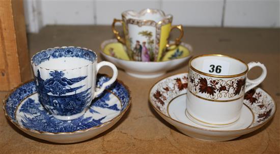 Dresden cup and saucer, 2 Worcester cups and saucers